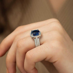 Bague pour femme en argent bleu baguette