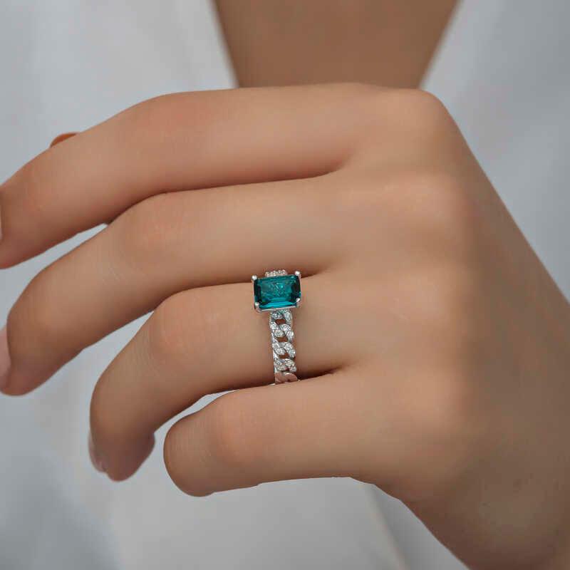 Silver Dark Green Baguette Stone Women's Ring
