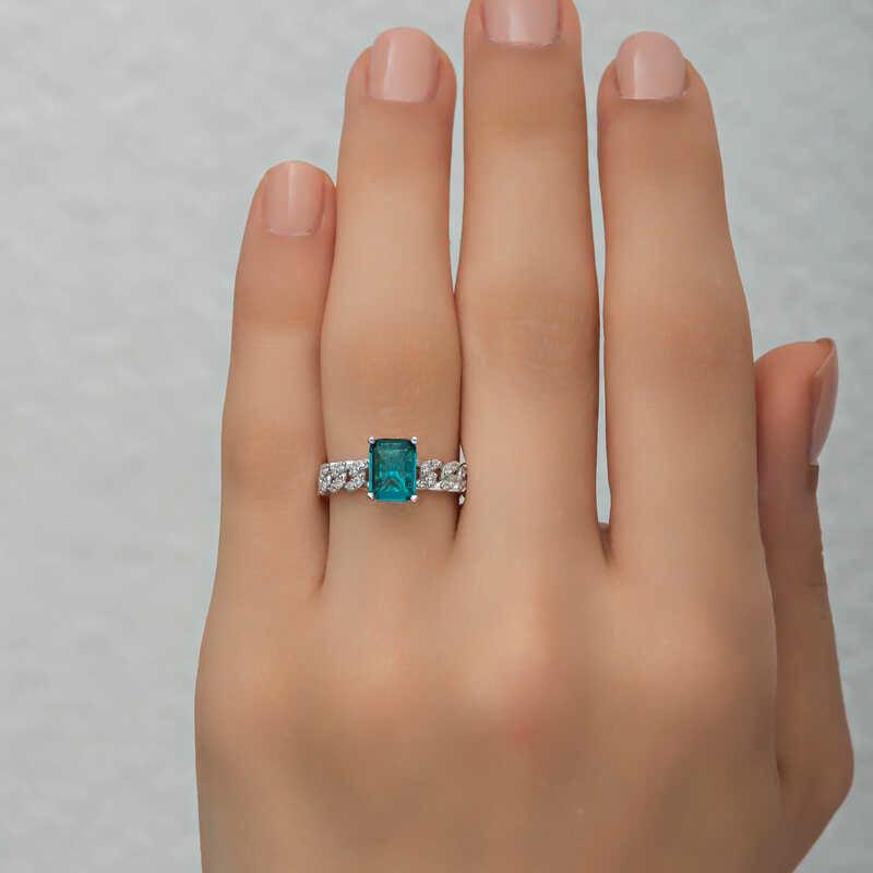Silver Dark Green Baguette Stone Women's Ring