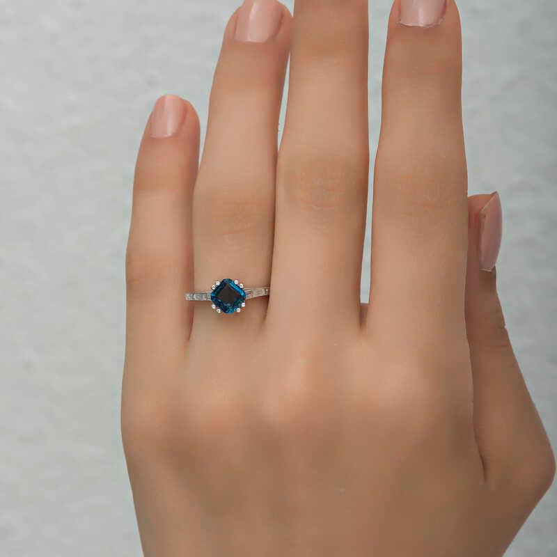 Silver Blue Baguette Single Stone Women's Ring