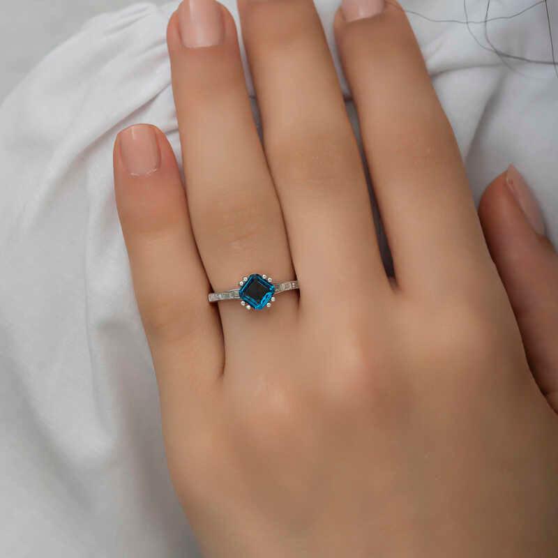 Silver Blue Baguette Single Stone Women's Ring