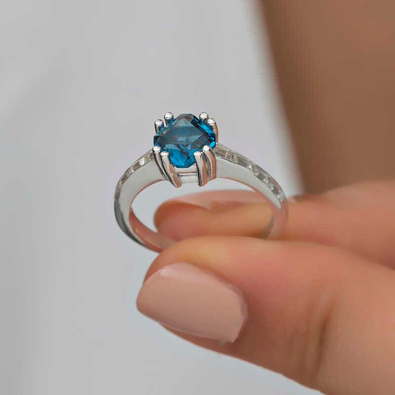 Silver Blue Baguette Single Stone Women's Ring