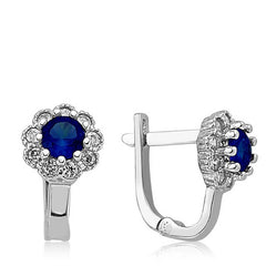 Silver Blue Flower Patterned Round J Women's Earrings