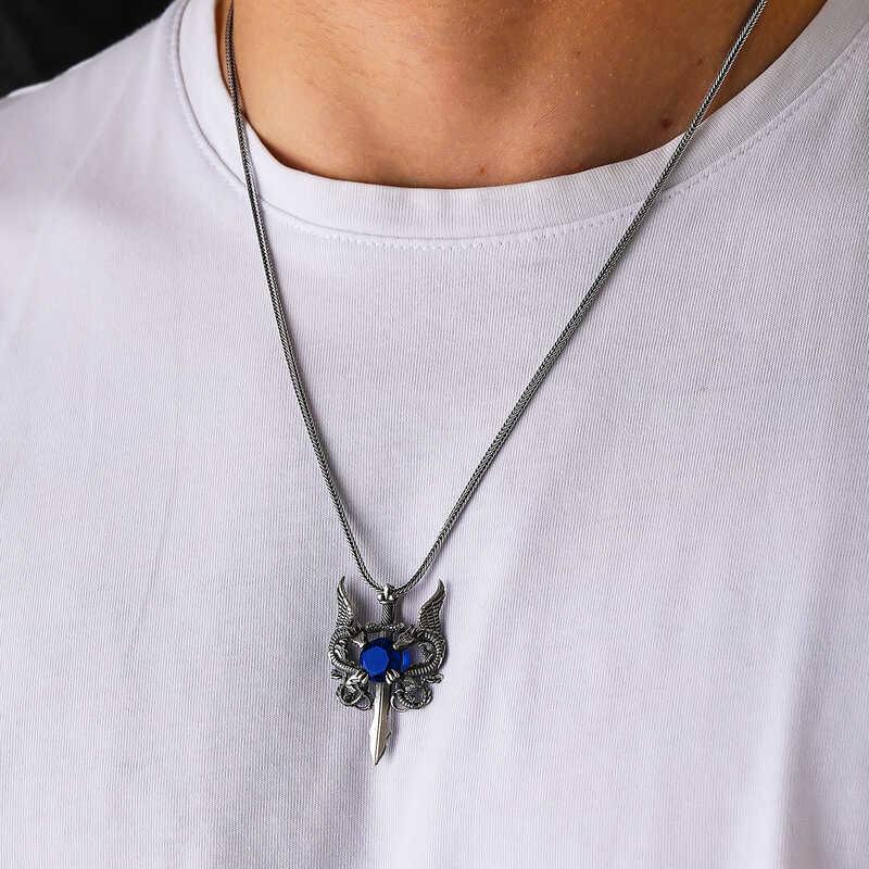 Silver Blue Stone Dragon Men's Sword Necklace