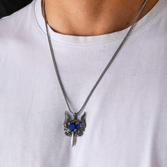 Silver Blue Stone Dragon Men's Sword Necklace