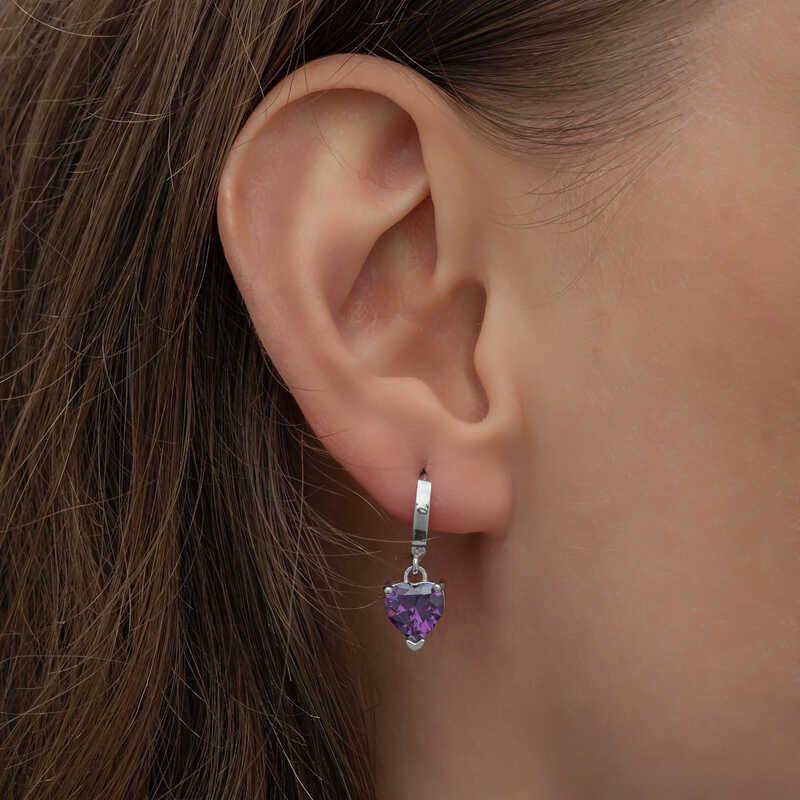 Silver Purple Stone Heart Women's Earrings