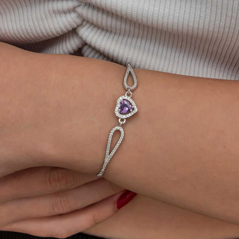 Silver Purple Zircon Stone Heart Bracelet