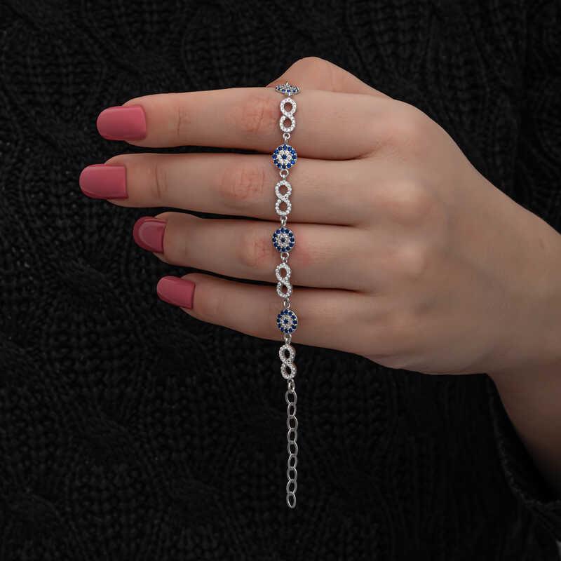 Bracelet infini en argent avec perles mauvais œil pour femme