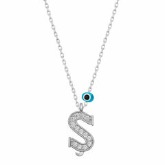 Collier pour femme en argent rhodié avec inscription « S » et symbole du mauvais œil