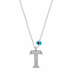 Silver Evil Eye Rhodium Letter T Women's Necklace