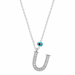 Silver Evil Eye Rhodium Letter U Women's Necklace