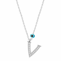 Silver Evil Eye Rhodium Letter V Women's Necklace