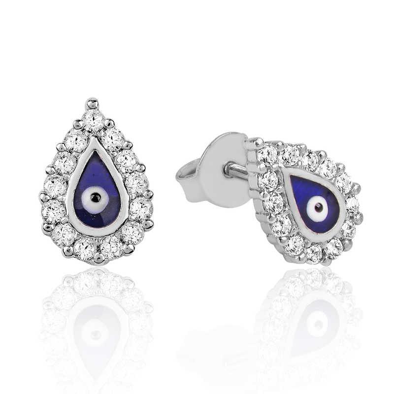 Silver White Stone Evil Eye Drop Stud Earrings
