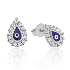Silver White Stone Evil Eye Drop Stud Earrings