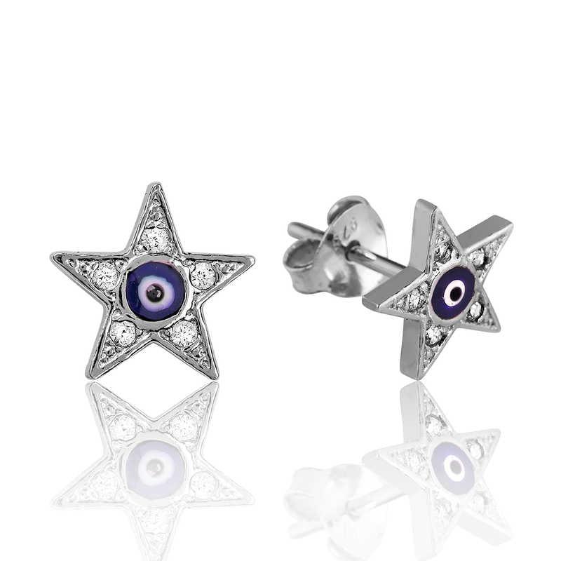 Silver Evil Eye Star Stud Earrings