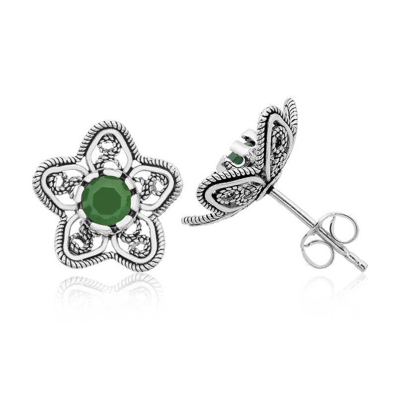 Silver Filigree Green Lotus Flower Stud Earrings