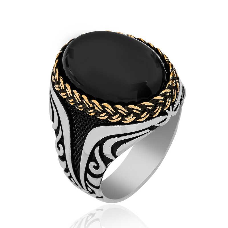 Silver Onyx Stone Patterned Men's Ring