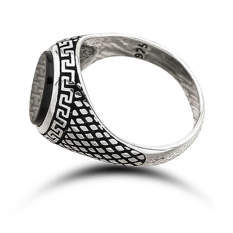Silver Onyx Stone Patterned Men's Ring