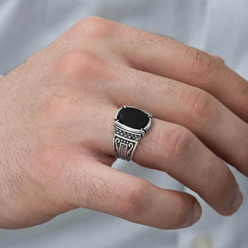 Silver Onyx Stone Knitted Patterned Men's Ring