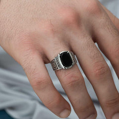 Silver Onyx Stone Knitted Patterned Men's Ring