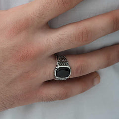 Silver Onyx Stone Knitted Patterned Men's Ring