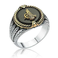 Bague Tughra pour homme en argent et pierre noire