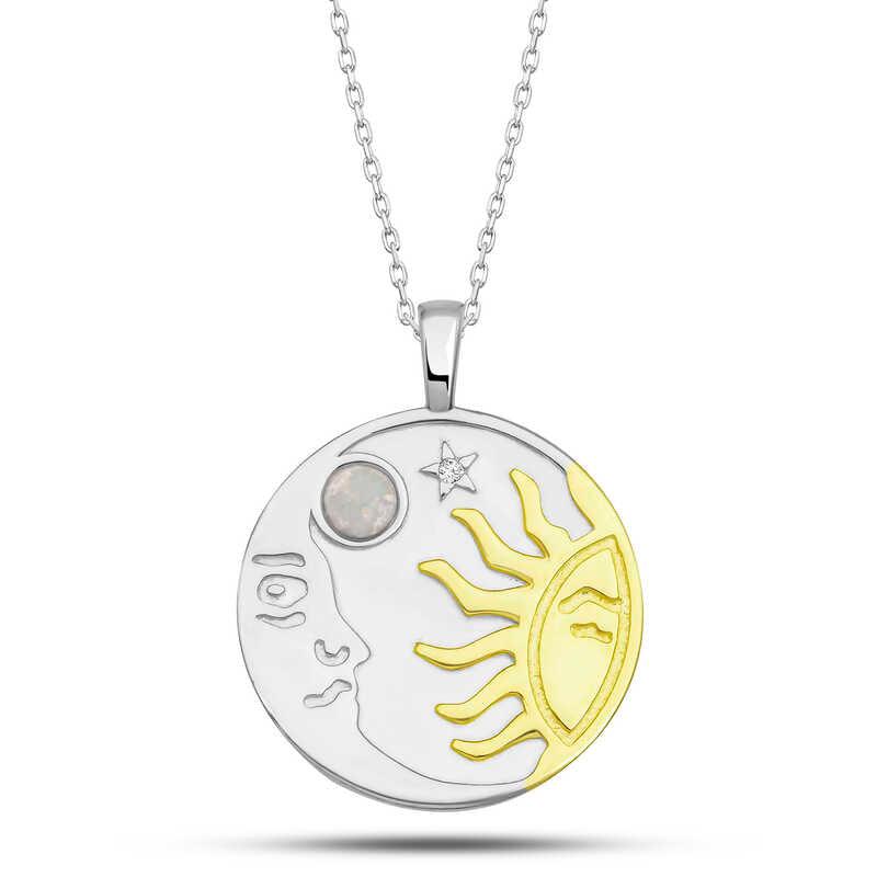 Silver Opal White Stone Moon Sun Women's Necklace