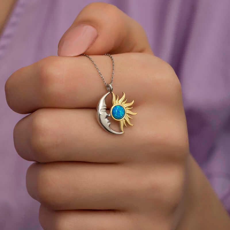 Silver Opal Blue Stone Moon Sun Women's Necklace