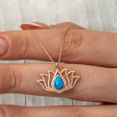 Silver Opal Stone Rose Lotus Flower Necklace