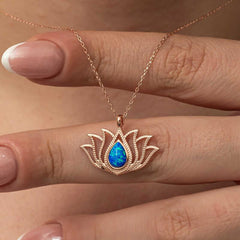 Silver Opal Stone Rose Lotus Flower Necklace