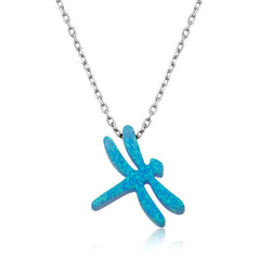 Collier femme libellule en opale bleue argentée