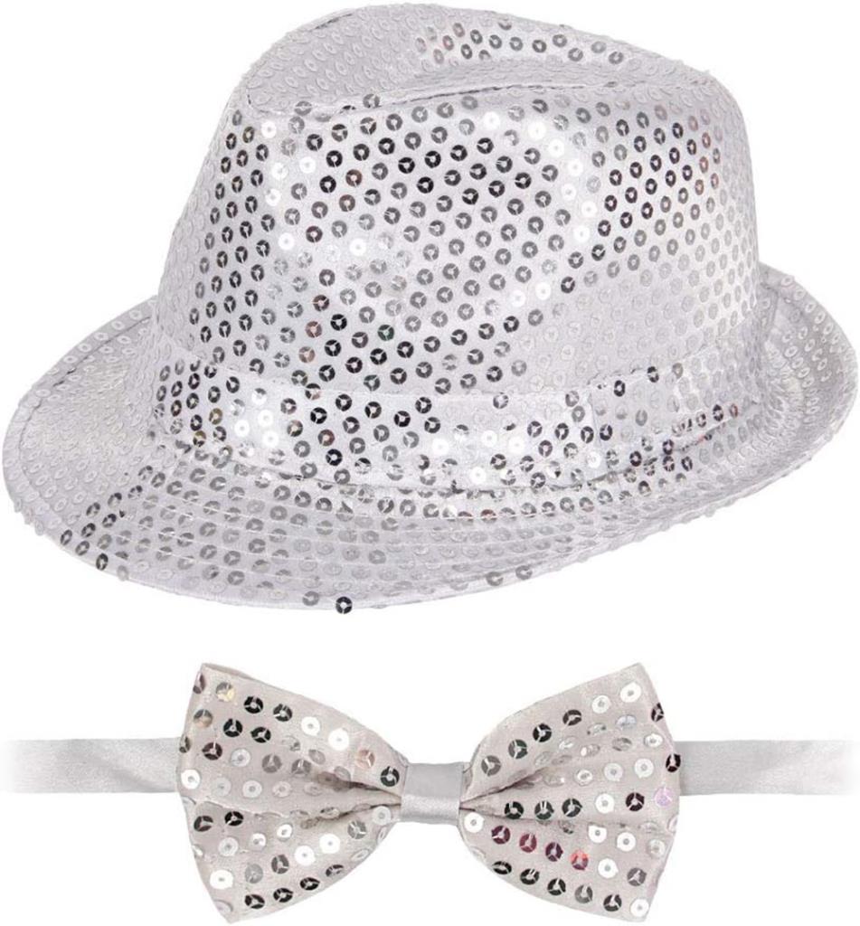 Nessiworld Silver Sequined Hat and Bow Tie Set – Glitter Adult Costume Set