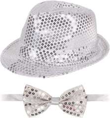 Nessiworld Silver Sequined Hat and Bow Tie Set – Glitter Adult Costume Set