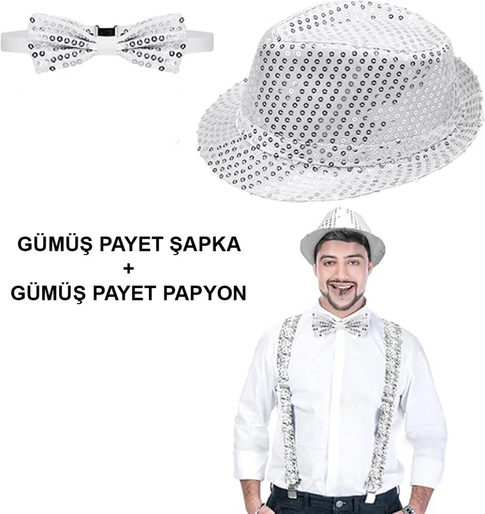 Nessiworld Silver Sequined Hat and Bow Tie Set – Glitter Adult Costume Set
