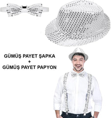 Nessiworld Silver Sequined Hat and Bow Tie Set – Glitter Adult Costume Set