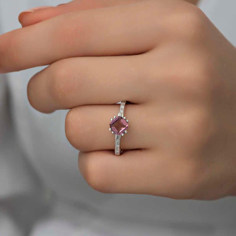 Silver Pink Baguette Single Stone Women's Ring