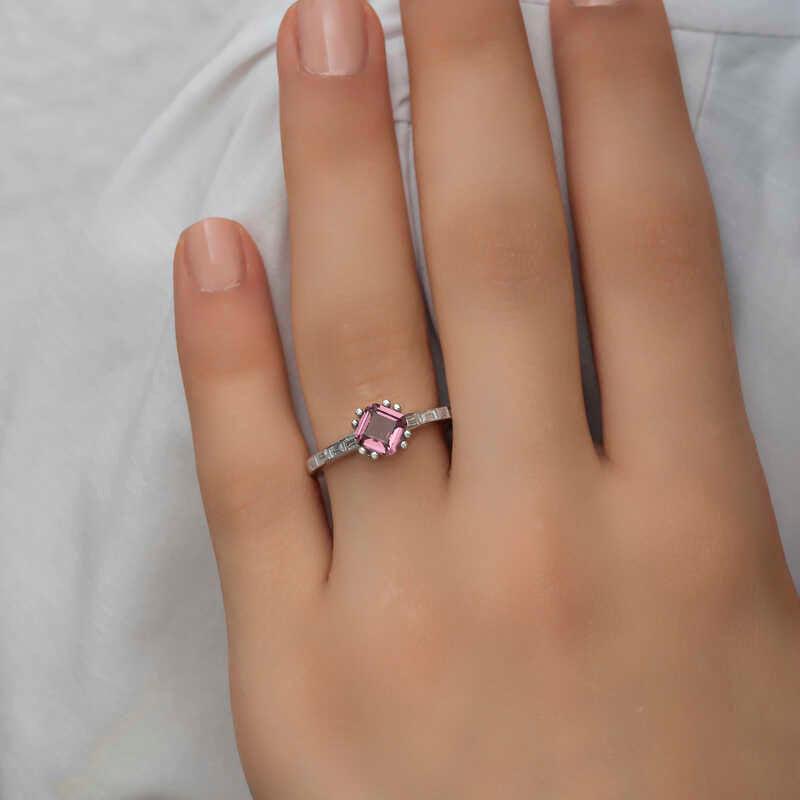 Silver Pink Baguette Single Stone Women's Ring