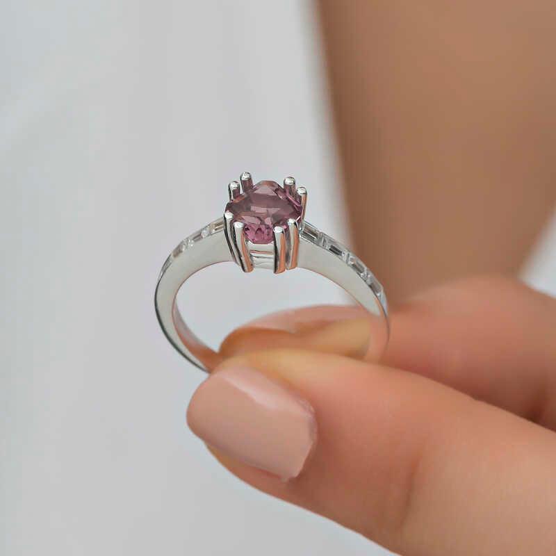 Silver Pink Baguette Single Stone Women's Ring