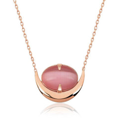 Silver Pink Cat's Eye Stone Crescent Necklace