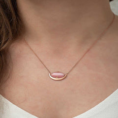 Silver Pink Cat's Eye Stone Crescent Necklace