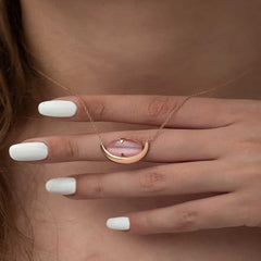 Silver Pink Cat's Eye Stone Crescent Necklace