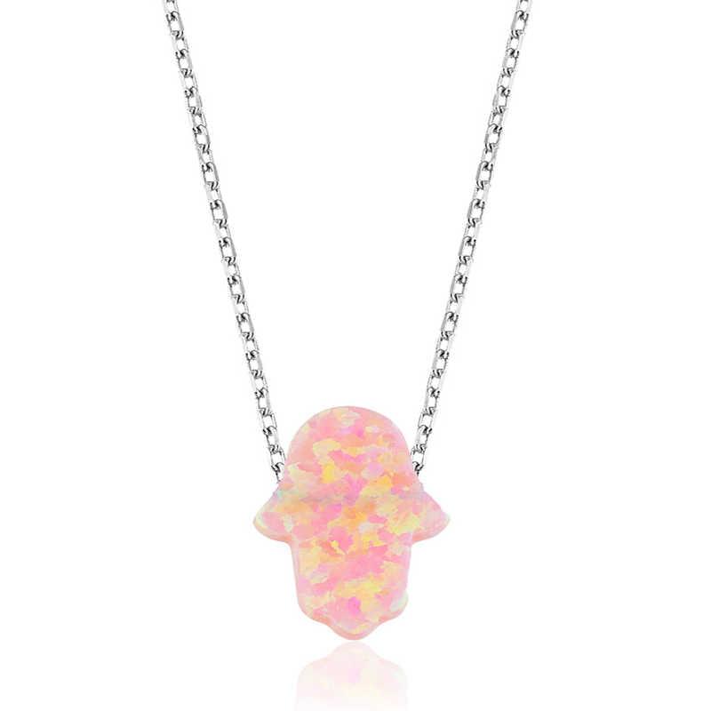 Silver Pink Opal Fatima Mother's Hand Women's Necklace