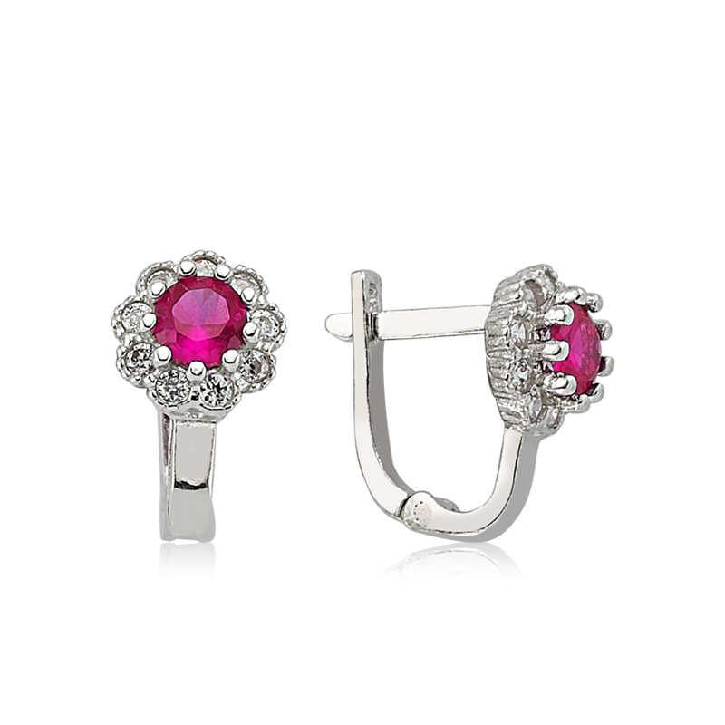 Silver Pink Stone Flower Earrings