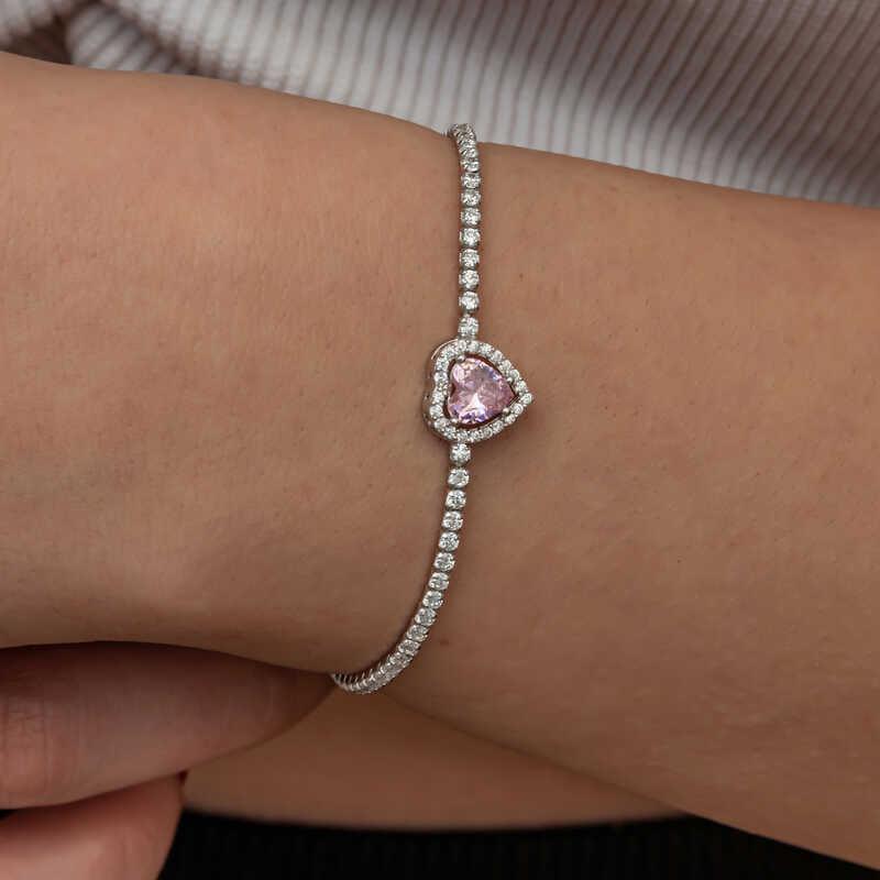 Bracelet Cœur en Pierre Rose Argenté
