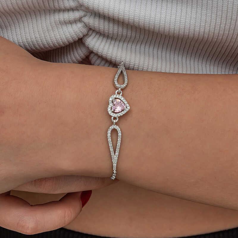 Silver Pink Zircon Stone Heart Bracelet