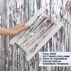 NessiWorld Silver Color Extra Metallized Shiny Fringed Background Curtain Imported A Quality 1x2 Meters