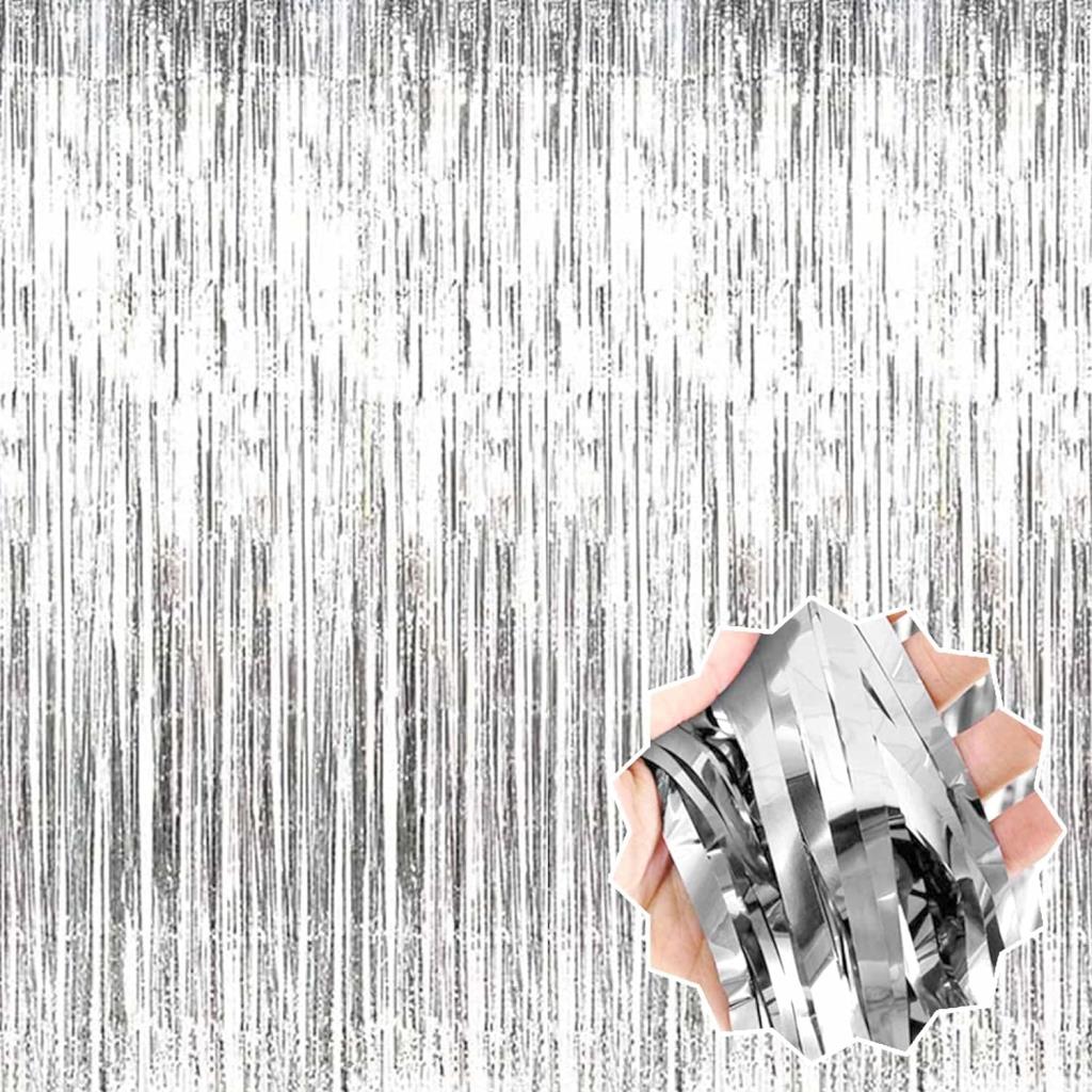 NessiWorld Silver Color Extra Metallized Shiny Fringed Background Curtain Imported A Quality 1x2 Meters