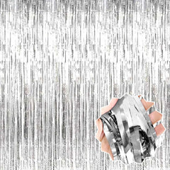 NessiWorld Silver Color Extra Metallized Shiny Fringed Background Curtain Imported A Quality 1x2 Meters