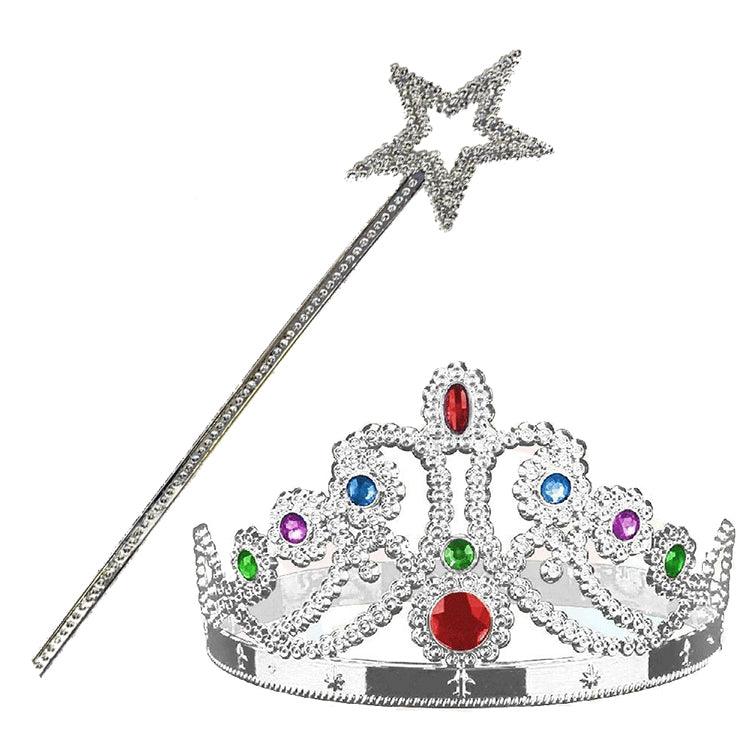 Couronne de princesse métallisée couleur argent Nessiworld et baguette magique étoile de princesse métallisée