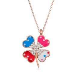 Silver Rose Color Stone Clover Women's Necklace